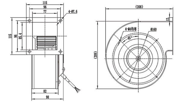 Dimension of DG140A-D072A Forward Curved Single Inlet Φ 140-62