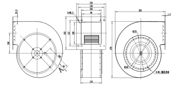Dimension of DG180A-D092A Forward Curved Single Inlet Φ 180-75