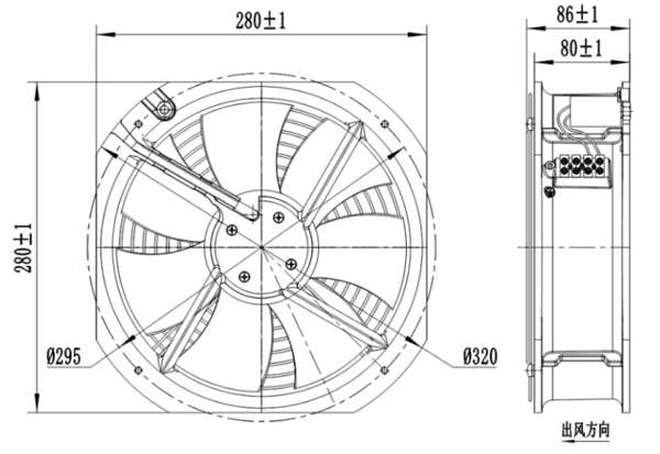 Dimension of AG250B-A092C2-00 Axial Fan 280-80B