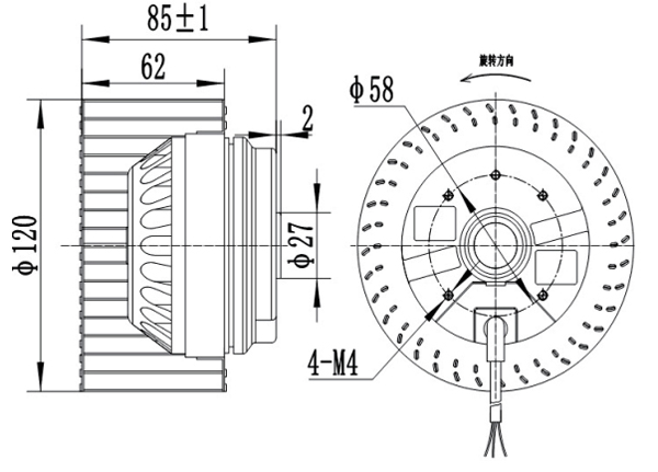 Dimension of DF120A-A092B2-00 Forward Curved Fan Φ 120-62