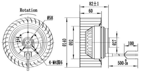 Dimension of DF140B-A092C2-00 Forward Curved Fan Φ 140-62 Dimension of DF140B-A092C2-00 Forward Curved Fan Φ 140-62